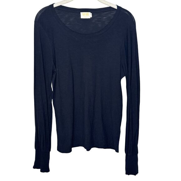 Nation LTD Black Tee Size Medium Scoopneck Long Sleeve Smocked Wrist Pima Cotton - Picture 1 of 8